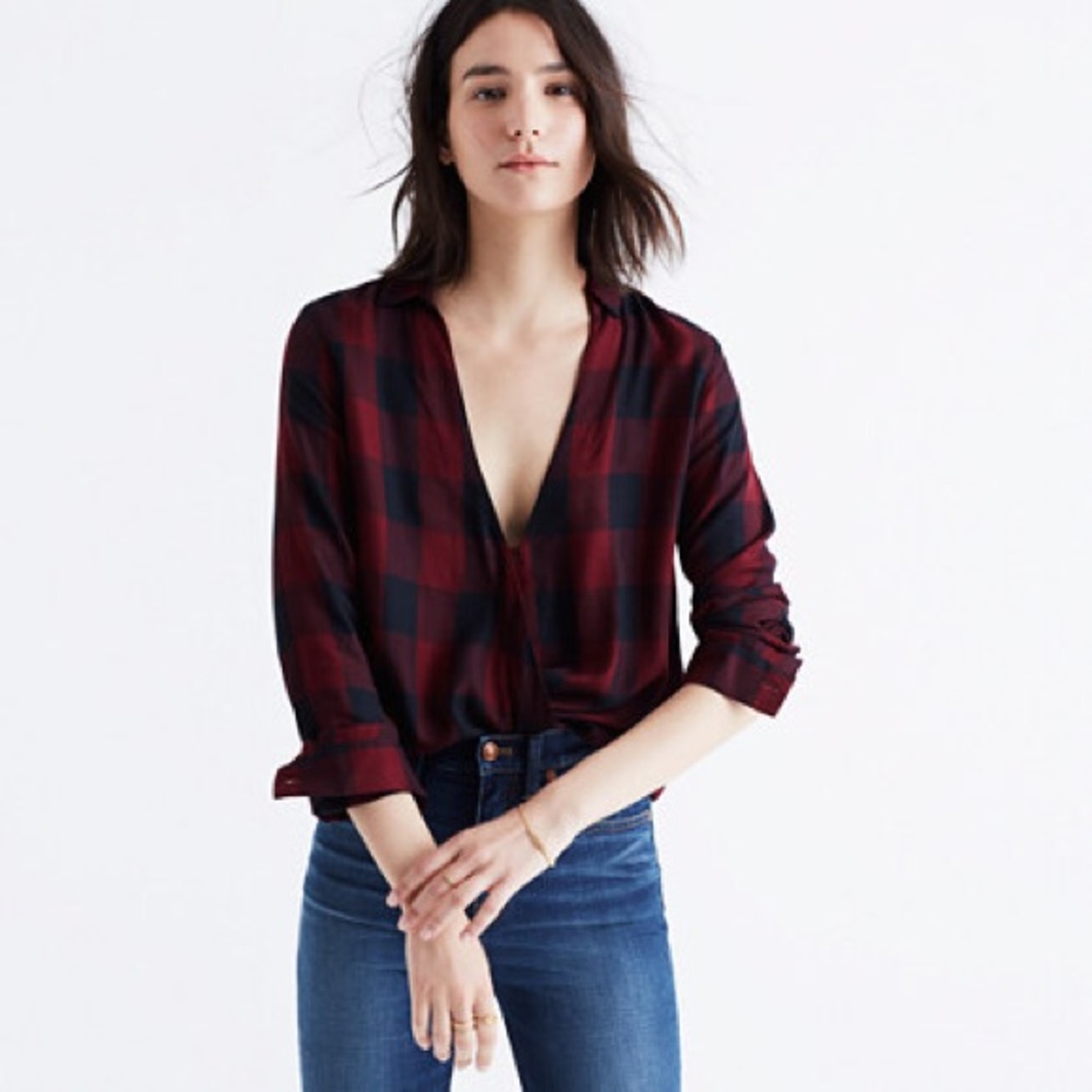 Madewell wrap front buffalo plaid blouse